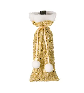 Gold sequin Christmas wine bottle cover detail showing plush white trim and pom-poms.