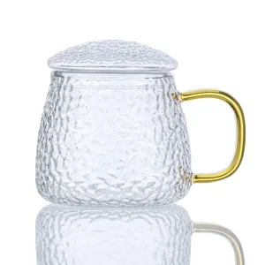 Japanese hammered glass mug with lid and gold handle clear tea cup for home office use
