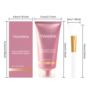 Vista detallada del tubo, la caja y la brocha de la mascarilla nocturna Viareline con medidas.