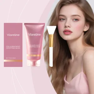 Mascarilla facial de noche con colágeno VIARELINE detalle con tubo, caja y brocha.