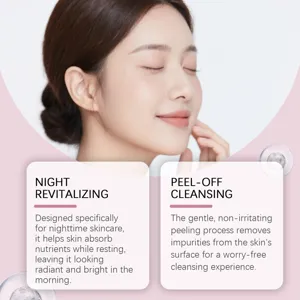 Detalle de mascarilla facial peel-off de colágeno, cuidado nocturno nutritivo y limpieza de poros.