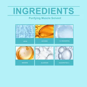 Vista dettagliata che mostra ingredienti cosmetici chiave come acqua, glicerina e peptidi.