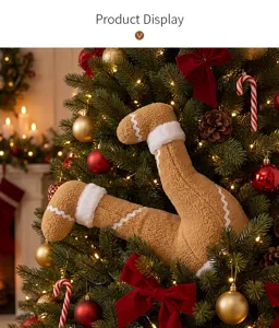 Detailed view of plush Christmas tree thief leg decoration, festive holiday party ornament.
