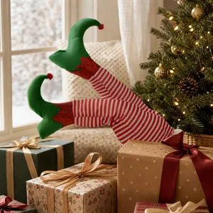 Festive Christmas elf legs decoration detail for holiday tree or gift box indoor setup.