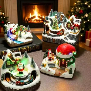 Noël résine boîte à musique rotative LED éclairée scène de village de neige décor principal