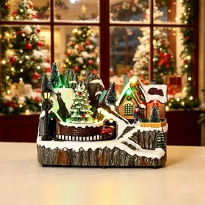 Noël résine rotative boîte à musique lumineuse ornement avec train cadeau de vacances bureau