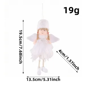 Christmas angel doll hanging ornament with white feathers and fluffy hat for tree decor.