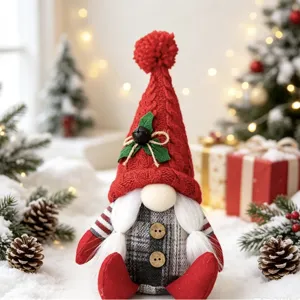 Cute Christmas Gnome plush doll with red knitted hat and plaid body for holiday decor