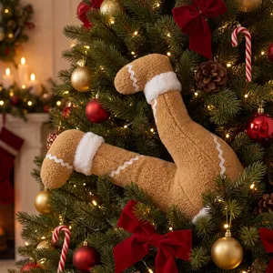 Cute plush elf legs tree topper for Christmas decoration, fuzzy festive party hanging ornament.