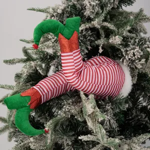 Christmas tree elf legs thief hanging ornament green red striped holiday party decor