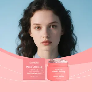 Detail view of Viareline deep cleaning pink clay face mask jar and packaging box in nice scene.