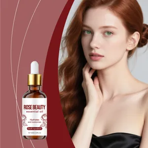 Rose beauty essential oil detail showcasing smooth dropper bottle and gentle skin hydration formula.