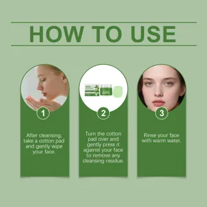 Detailed instruction graphic showing step by step usage of green tea exfoliating pads for skin care.