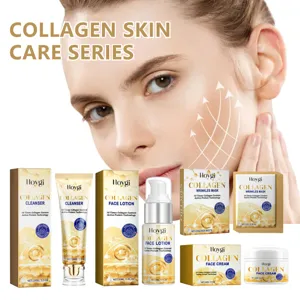 Detail view of Hoygi collagen skincare series products including cleanser lotion cream and mask.