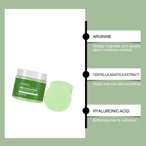 Close-up detail of green exfoliating toner pads jar with key skincare ingredients list.