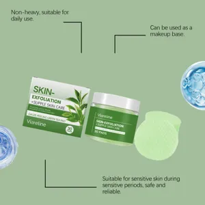 Detailed view of green tea exfoliating pads showing soft textured green cotton pads and jar.