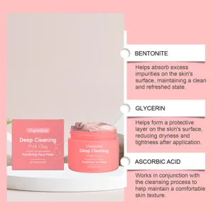Pink clay face mask detail showcasing key ingredients like bentonite and glycerin for skin care.