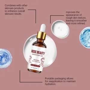 Rose essential oil detail showing 50ml dropper bottle with hydrating and smoothing benefits.