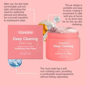 Viareline deep cleaning pink clay face mask 60g pore refining smooth skin skincare product