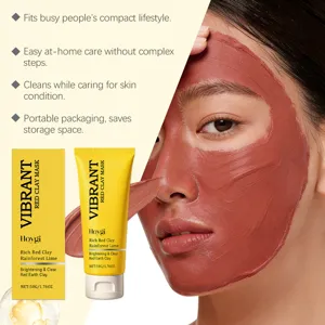HOYGI red clay facial mask detail, deep cleansing and brightening skincare product closeup.