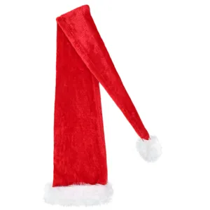 Detailed shot of the soft red plush fabric and white faux fur trim on the extra long Christmas hat.