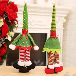 Funda para Botella de Vino de Elfo de Navidad Decoración de Tela con Lunares y Rayas Mini Falda Funda para Champán Con Gorro para Fiesta Mesa