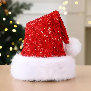 Bonnet de Père Noël en Paiettes Rouges Adulte Chapeau de Noël avec Bordure en Peluche