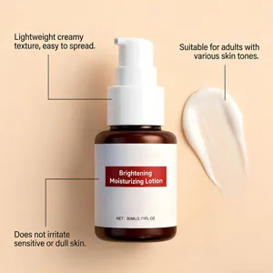 Detail view of brightening moisturizing lotion texture and pump dispenser close-up.