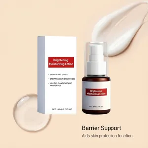 Detailed view showing brightening moisturizing lotion bottle, package box, and texture drops.