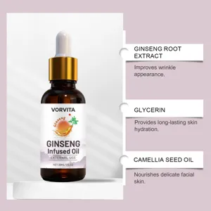 Gros plan détaillé du flacon compte-gouttes d'huile pour le visage au ginseng et extraits.