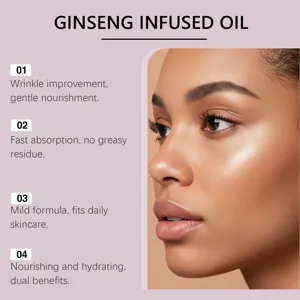 Huile de visage au ginseng en détail montrant l'amélioration des rides et absorption.