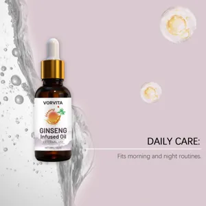 Vue détaillée du flacon pipette d'huile infusée au ginseng VORVITA pour les soins du visage.
