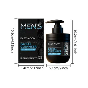 Detail view of East Moon men's facial cleanser pump bottle and box with exact size dimensions.