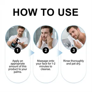 Men facial cleanser usage step detail infographic showing application massage and rinse instructions