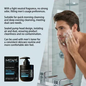 Detailed view of men's facial cleanser pump bottle and refreshing skincare usage scene.