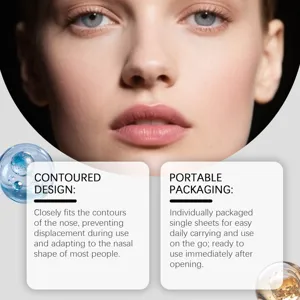 Close up detail view of contoured nose strip showing ergonomic fit and portable packaging.