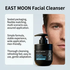 East Moon facial cleanser detail shot, highlighting the black bamboo charcoal formula and packaging.