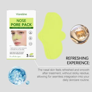 Detail view of nose pore pack packaging, clean green strips, and smooth skincare texture.