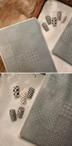 Piastra per stamping unghie in acciaio inossidabile con motivi a griglia e punte per unghie chic.