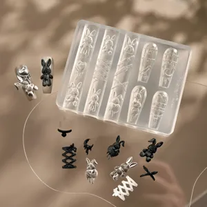 Molde de Arte de Uñas de Silicona Altamente Transparente 3D Lindo Conejo Lazo Cinta Estilo Gótico Punk Manicura Resina UV Herramienta DIY Decoración