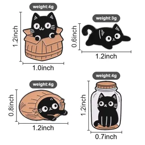 Leuke zwarte kat geëmailleerde speldjes set, cartoon metalen badge accessoires.