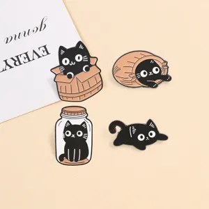 Leuke zwarte kat metalen geëmailleerde speldjes cartoon broche set voor kleding tassen