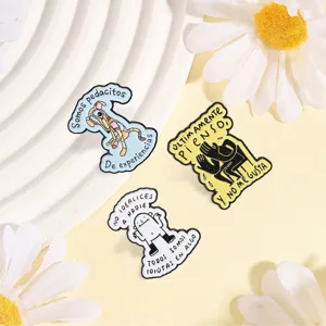 Quirky Spanish quote metal enamel pins set, cute abstract illustration brooch lapel badges.