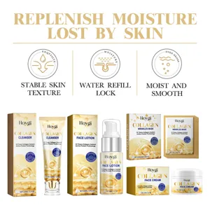 Hoygi collagen skincare set detail view, featuring cleanser, lotion, cream and face mask.