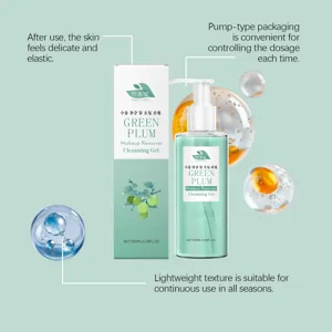 Detailed view of the gentle green plum makeup remover cleansing gel pump bottle.