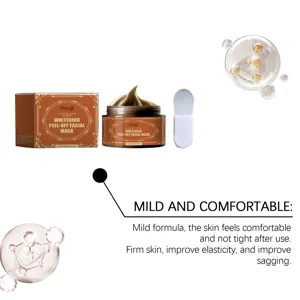 Vista detallada del tarro de mascarilla facial peel-off dorada Hoygi con espátula y caja.