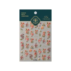 Autocollants d'ongles floraux en feuille d'or vintage, décalcomanies d'ongles de fleurs de style.