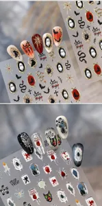 Close-up detail of Halloween nail stickers featuring dark ghosts and spooky patterns