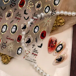 Dark Gothic Halloween nail art stickers featuring gold embossed ghost and bat designs