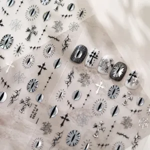 Gothic dark Halloween nail art stickers with silver cross and eye patterns for DIY
